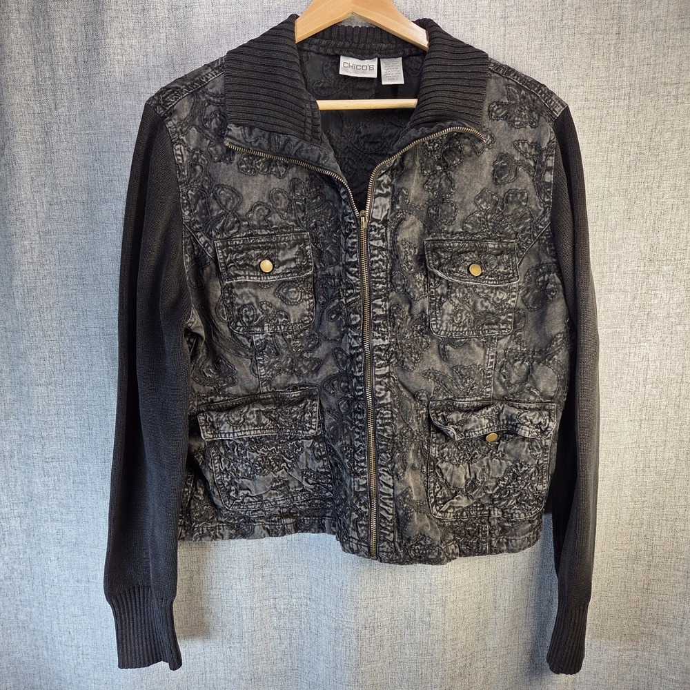Chico's Y2K Womens Black Embroidered Denim Moto Jacket Large Knit Sleeves Grunge